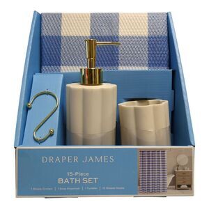 Blue - Draper James 15-Piece Bath Set, Shower Curtain, Soap Dispenser, Tumbler,